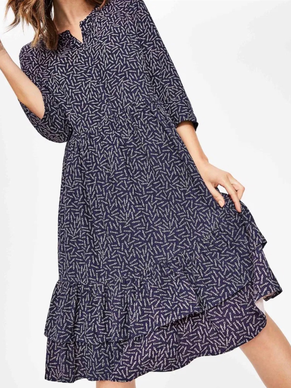 Boden Womens Tiered Midi Dress Size 14 Navy Arrow Print 3/4 Sleeve Pockets